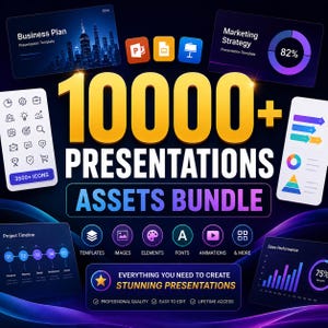 Puede incluir: Un paquete de activos digitales para presentaciones con el texto 10000+ PRESENTATIONS ASSETS BUNDLE en letras doradas grandes. El gráfico incluye iconos, gráficos, líneas de tiempo y plantillas de ventas sobre un fondo oscuro.
