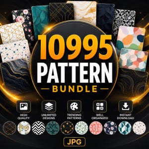 May include: A digital collection titled 10995 PATTERN BUNDLE featuring a variety of graphic designs including floral, marble, geometric, and abstract motifs. The display includes numerous rectangular samples and circular icons with text labels like HIGH QUALITY and JPG.