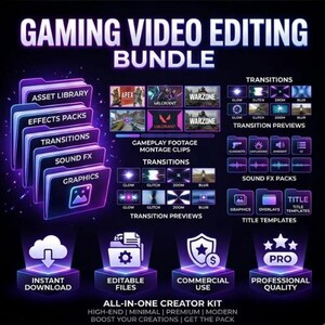 K&ouml;nnte beinhalten: Ein Gaming-Video-Editing-Paket mit Ordnern f&uuml;r Asset-Bibliothek, Effekte, &Uuml;berg&auml;nge, Soundeffekte und Grafiken. Enth&auml;lt Gameplay-Aufnahmen, &Uuml;bergangsvorschauen, Titelvorlagen und Symbole f&uuml;r sofortigen Download, bearbeitbare Dateien, kommerzielle Nutzung und professionelle Qualit&auml;t.