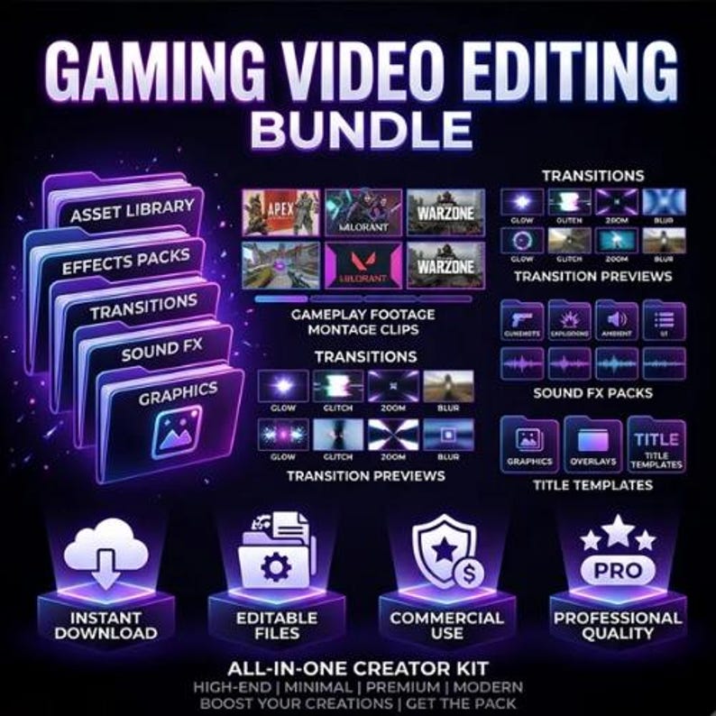 K&ouml;nnte beinhalten: Ein Gaming-Video-Editing-Paket mit Ordnern f&uuml;r Asset-Bibliothek, Effekte, &Uuml;berg&auml;nge, Soundeffekte und Grafiken. Enth&auml;lt Gameplay-Aufnahmen, &Uuml;bergangsvorschauen, Titelvorlagen und Symbole f&uuml;r sofortigen Download, bearbeitbare Dateien, kommerzielle Nutzung und professionelle Qualit&auml;t.
