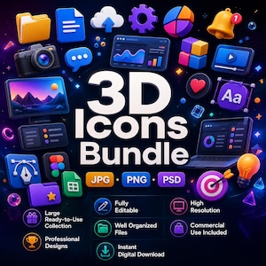 Puede incluir: Un paquete de iconos 3D con varios elementos digitales como carpetas, una c&aacute;mara, gr&aacute;ficos, un port&aacute;til, una campana y un objetivo. El texto dice 3D Icons Bundle, JPG, PNG, PSD, Fully Editable, High Resolution, Well Organized Files, Commercial Use Included, Large Ready-to-Use Collection, Professional Designs e Instant Digital Download.