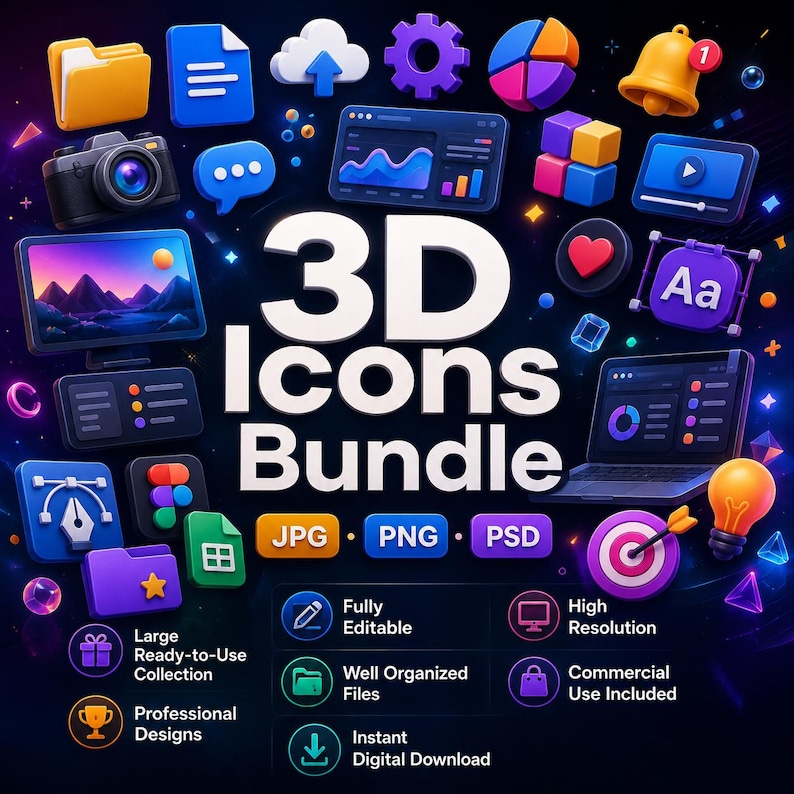 Puede incluir: Un paquete de iconos 3D con varios elementos digitales como carpetas, una c&aacute;mara, gr&aacute;ficos, un port&aacute;til, una campana y un objetivo. El texto dice 3D Icons Bundle, JPG, PNG, PSD, Fully Editable, High Resolution, Well Organized Files, Commercial Use Included, Large Ready-to-Use Collection, Professional Designs e Instant Digital Download.