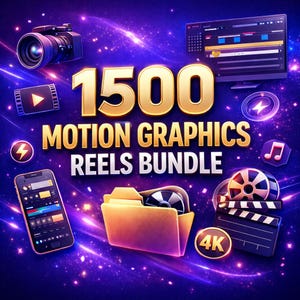 Könnte beinhalten: Digitales Grafikdesign, das ein "1500 Motion Graphics Reels Bundle" bewirbt. Das Bild zeigt eine Kamera, ein Smartphone, einen Computermonitor, eine Filmrolle und andere Medien-Symbole vor einem lila-blauen Sternenhintergrund.