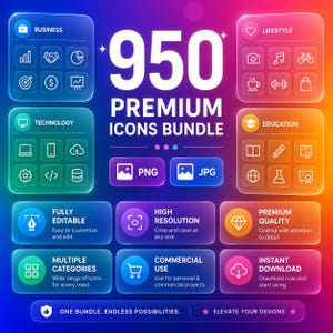 May include: A digital graphic advertisement for a 950 Premium Icons Bundle featuring a vibrant gradient background. The layout includes categorised icon sets for business, lifestyle, technology, and education, alongside text labels for file formats and features.