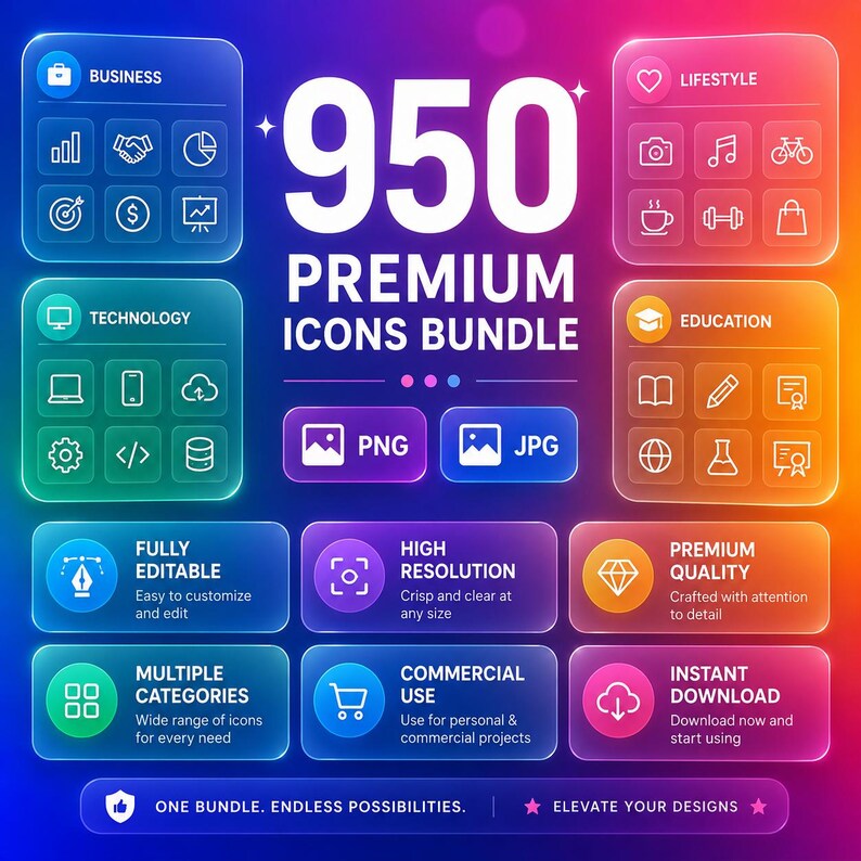 May include: A digital graphic advertisement for a 950 Premium Icons Bundle featuring a vibrant gradient background. The layout includes categorised icon sets for business, lifestyle, technology, and education, alongside text labels for file formats and features.