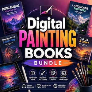 May include: A digital painting book bundle featuring four instructional guides titled Digital Painting Essentials, Landscape Painting, Character Painting, and Color & Light. Includes a tablet, stylus, and paintbrushes, with text overlays detailing step-by-step guides, Procreate tips, and high-quality resources.