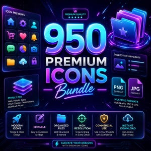 May include: A digital graphic bundle featuring 950 premium icons with a neon blue and purple aesthetic. The display includes icon previews, file format indicators for PNG and JPG, and text labels highlighting features like editable and high resolution.