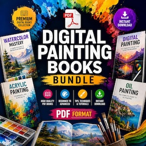 May include: A digital painting books bundle in PDF format featuring four book covers titled Watercolor Mastery, Digital Painting, Acrylic Painting, and Oil Painting. The graphic includes text icons for premium digital books, instant download, and PDF format.