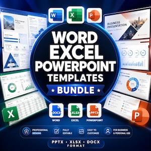 May include: A digital bundle of Word, Excel, and PowerPoint templates featuring icons for each software. The central text reads WORD EXCEL POWERPOINT TEMPLATES BUNDLE. Surrounding the circle are various document previews and file format icons.