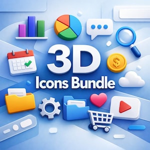 May include: A collection of 3D icons, including a pie chart, magnifying glass, calendar, and shopping cart. The text "3D Icons Bundle" is displayed in white. The icons are in various colors, set against a blue gradient background.