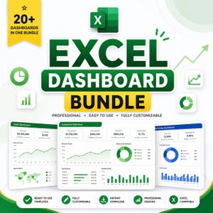Op de afbeelding: Een afbeelding die een Excel Dashboard Bundle promoot. De afbeelding toont de tekst "EXCEL DASHBOARD BUNDLE" in grote, vette letters, met de slogan "PROFESSIONAL • EASY TO USE • FULLY CUSTOMIZABLE". De afbeelding bevat ook voorbeelddashboards en iconen.