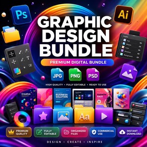 Puede incluir: Un paquete de dise&ntilde;o gr&aacute;fico con remolinos abstractos coloridos, iconos de software para Photoshop e Illustrator, etiquetas de formato JPG, PNG y PSD, y varias carpetas digitales y paneles de interfaz con el texto GRAPHIC DESIGN BUNDLE.