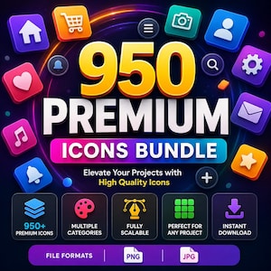 Puede incluir: Un gráfico digital que muestra el texto 950 PREMIUM ICONS BUNDLE, Elevate Your Projects with High Quality Icons, y varios iconos coloridos estilo aplicación dispuestos en círculo. El diseño incluye etiquetas para los formatos PNG y JPG.