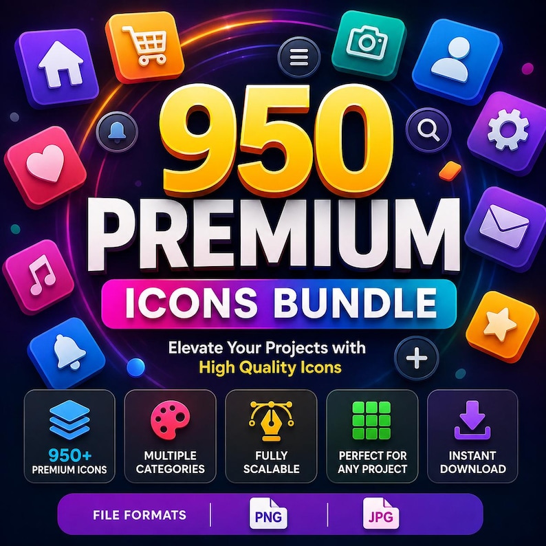 May include: A digital graphic featuring the text 950 PREMIUM ICONS BUNDLE, Elevate Your Projects with High Quality Icons, and various colourful app-style icons arranged in a circle. The design includes labels for file formats PNG and JPG.