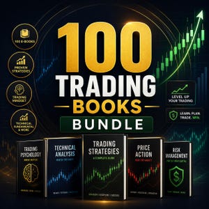 以下が含まれることがあります： 100冊のトレーディング書籍のバンドルを宣伝する画像。「Trading Psychology」、「Technical Analysis」、「Trading Strategies」などのタイトルが含まれています。デザインは、金色のテキストと上昇する緑色の折れ線グラフが特徴です。