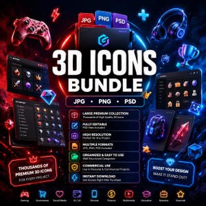Puede incluir: Un paquete de iconos 3D digitales que incluye una colecci&oacute;n de mandos de juego, auriculares, trofeos y varios elementos de interfaz. El gr&aacute;fico muestra texto como 3D ICONS BUNDLE, JPG, PNG, PSD y enumera caracter&iacute;sticas como gran colecci&oacute;n premium, totalmente editable, alta resoluci&oacute;n, m&uacute;ltiples formatos, organizado, uso comercial y descarga instant&aacute;nea.