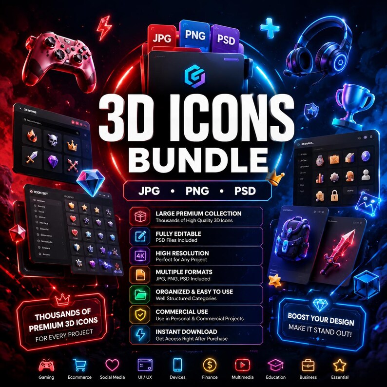 Puede incluir: Un paquete de iconos 3D digitales que incluye una colecci&oacute;n de mandos de juego, auriculares, trofeos y varios elementos de interfaz. El gr&aacute;fico muestra texto como 3D ICONS BUNDLE, JPG, PNG, PSD y enumera caracter&iacute;sticas como gran colecci&oacute;n premium, totalmente editable, alta resoluci&oacute;n, m&uacute;ltiples formatos, organizado, uso comercial y descarga instant&aacute;nea.