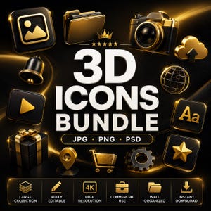 Puede incluir: Una colecci&oacute;n de iconos 3D en negro y oro con c&aacute;mara, carpeta, caja de regalo, carrito de compras y varios s&iacute;mbolos. El texto dice 3D ICONS BUNDLE, JPG, PNG, PSD, LARGE COLLECTION, FULLY EDITABLE, 4K, HIGH RESOLUTION, COMMERCIAL USE, WELL ORGANIZED, INSTANT DOWNLOAD.