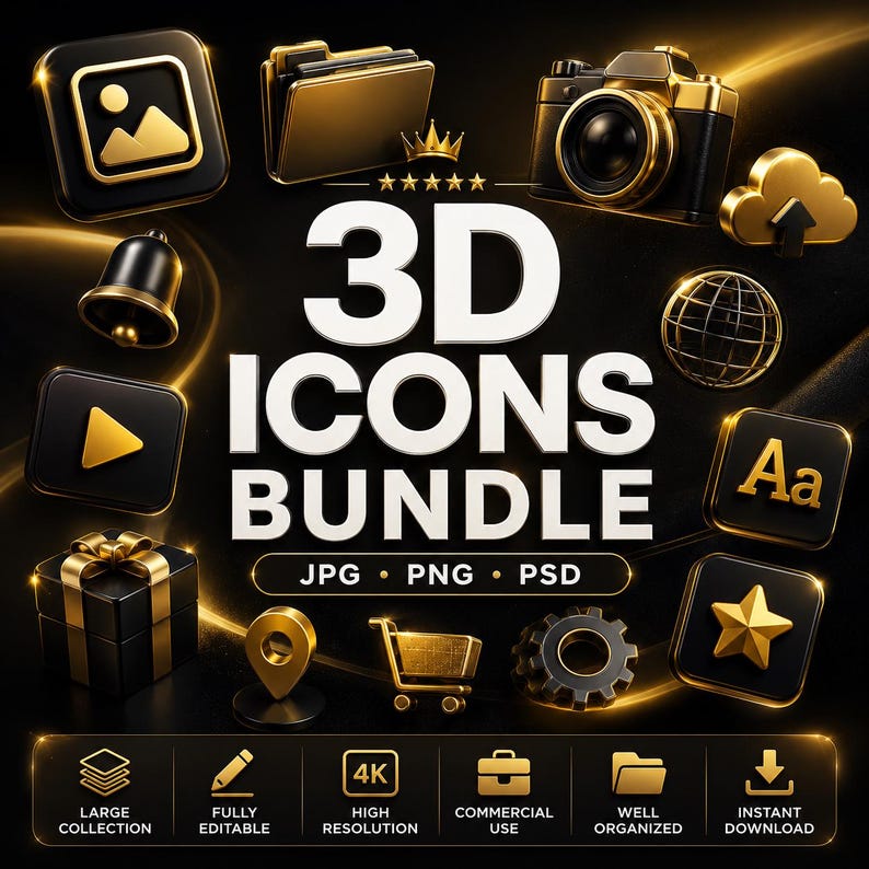 Puede incluir: Una colecci&oacute;n de iconos 3D en negro y oro con c&aacute;mara, carpeta, caja de regalo, carrito de compras y varios s&iacute;mbolos. El texto dice 3D ICONS BUNDLE, JPG, PNG, PSD, LARGE COLLECTION, FULLY EDITABLE, 4K, HIGH RESOLUTION, COMMERCIAL USE, WELL ORGANIZED, INSTANT DOWNLOAD.