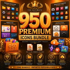 May include: A digital graphic advertisement for a 950 premium icons bundle. The text reads The Ultimate 950 Premium Icons Bundle. It features various colourful 3D-style app icons, file folders, and file format labels like PNG and JPG on a dark background.