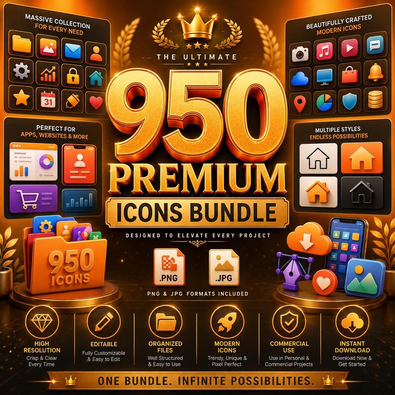 May include: A digital graphic advertisement for a 950 premium icons bundle. The text reads The Ultimate 950 Premium Icons Bundle. It features various colourful 3D-style app icons, file folders, and file format labels like PNG and JPG on a dark background.