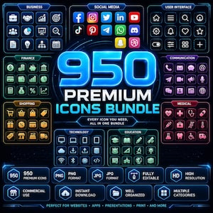 May include: A digital collection of 950 premium icons organised into categories including business, social media, user interface, finance, communication, shopping, medical, technology, and education, featuring glowing blue text and neon-style graphics.