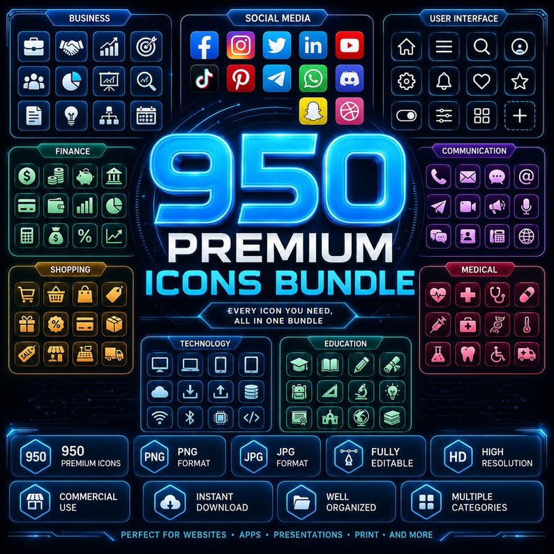 May include: A digital collection of 950 premium icons organised into categories including business, social media, user interface, finance, communication, shopping, medical, technology, and education, featuring glowing blue text and neon-style graphics.