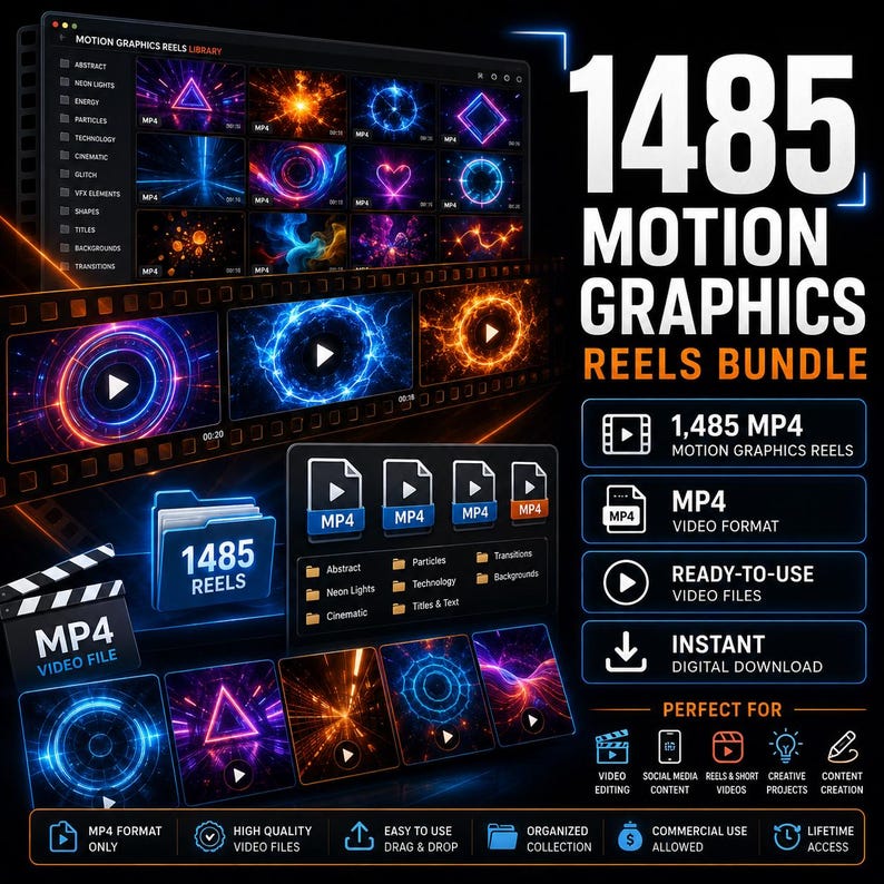 May include: A digital bundle of 1485 motion graphics reels featuring various abstract, neon, and particle effects. The display shows a library interface, film strips, and file folders with MP4 video files, highlighting ready-to-use digital assets.
