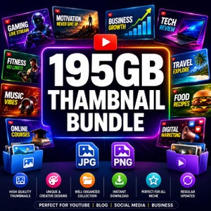 195GB YouTube Thumbnail Design Bundle, JPG PNG Assets, Graphics (Digital Download)
