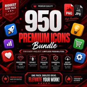 May include: A digital graphic advertisement for a 950 premium icons bundle featuring bold white and red text on a dark background. The design includes various colourful 3D app-style icons, file format labels, and descriptive text boxes highlighting features.