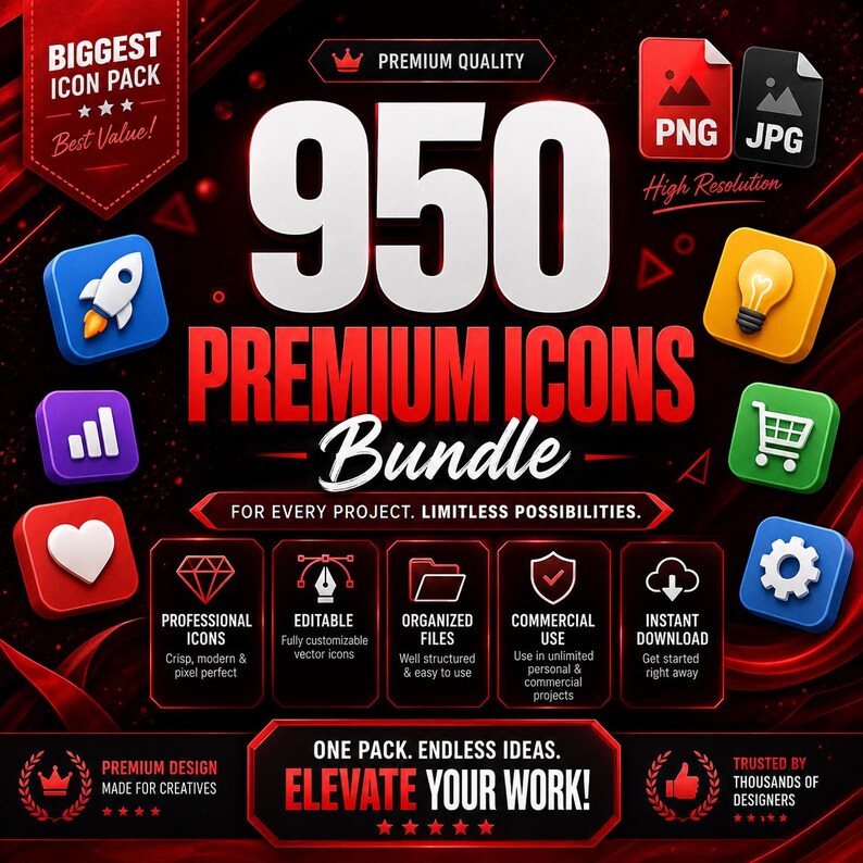 May include: A digital graphic advertisement for a 950 premium icons bundle featuring bold white and red text on a dark background. The design includes various colourful 3D app-style icons, file format labels, and descriptive text boxes highlighting features.
