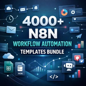 Może przedstawiać: Grafika cyfrowa z tekstem "4000+ N8N WORKFLOW AUTOMATION TEMPLATES BUNDLE" w kolorze białym i turkusowym. Obraz zawiera różne ikony reprezentujące przechowywanie w chmurze, e-mail i analizę danych, na ciemnoniebieskim tle.
