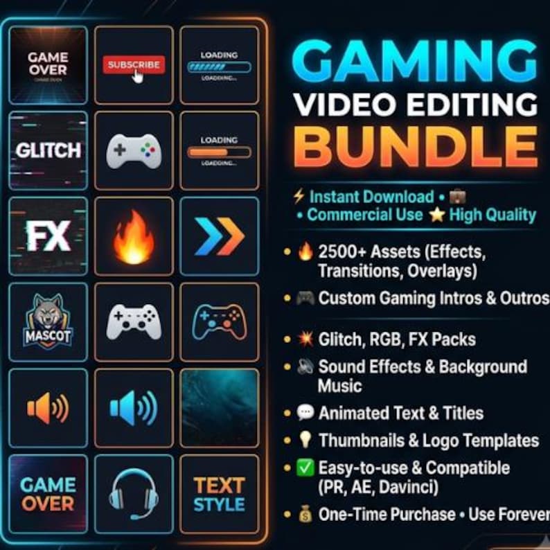 K&ouml;nnte beinhalten: Ein Gaming-Video-Bearbeitungs-Bundle mit einem Raster aus Symbolen wie Gamecontrollern, Ladebalken, einem Feuer, einem Wolfsmaskottchen und Kopfh&ouml;rern. Der Text lautet Gaming Video Editing Bundle, 2500+ Assets, Glitch, RGB, FX Packs und mehr.