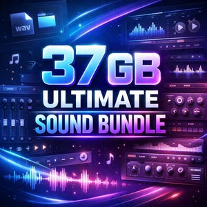 Może przedstawiać: Grafika cyfrowa promująca Ultimate Sound Bundle o pojemności 37 GB. Obraz ma ciemne tło z neonowymi niebieskimi i fioletowymi akcentami oraz różne interfejsy oprogramowania do edycji audio. Tekst jest pogrubiony i futurystyczny.