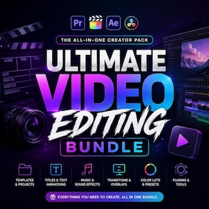 May include: A promotional graphic for a video editing bundle. The design features the words "ULTIMATE VIDEO EDITING BUNDLE" in large, vibrant text. Icons representing video editing software and tools are also included, along with the text "EVERYTHING YOU NEED TO CREATE. ALL IN ONE BUNDLE."