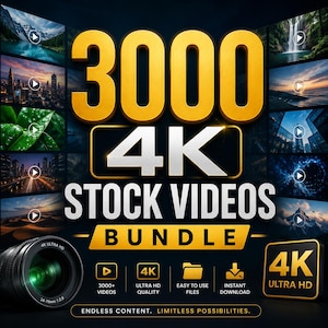 May include: A digital graphic featuring the text 3000 4K STOCK VIDEOS BUNDLE in gold and white lettering. The background displays a grid of various landscape and city scenes. A camera lens is visible on the left, with icons for video and download.