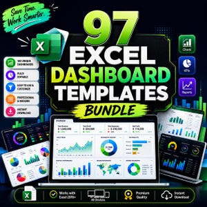 97 Editable Excel Dashboard Templates Bundle: Business Analytics Toolkit (Digital Download)