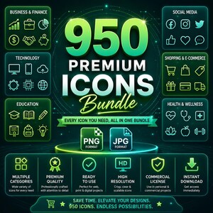 May include: A digital graphic advertising a 950 Premium Icons Bundle. The text features neon green and white gradients against a dark background. It displays various icon categories like business, technology, and social media, alongside PNG and JPG format labels and a list of features including high resolution and commercial licence.
