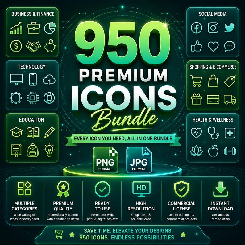 May include: A digital graphic advertising a 950 Premium Icons Bundle. The text features neon green and white gradients against a dark background. It displays various icon categories like business, technology, and social media, alongside PNG and JPG format labels and a list of features including high resolution and commercial licence.