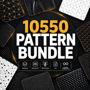 May include: A digital collection titled 10550 PATTERN BUNDLE featuring a variety of graphic designs including geometric lines, terrazzo, and scales. The central text is displayed in bold yellow and white against a black circular background.