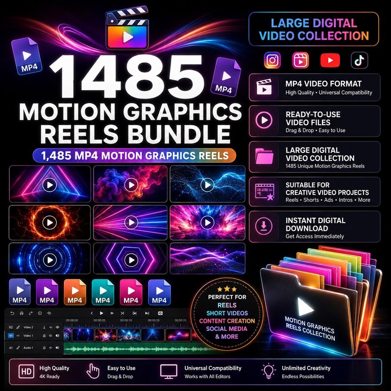 May include: A digital product advertisement for a 1485 motion graphics reels bundle. The graphic features neon-colored abstract video previews, MP4 file icons, and a folder icon labeled Motion Graphics Reels Collection on a dark background.