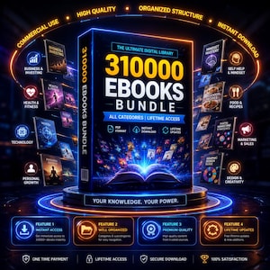 Puede incluir: Una pantalla de producto digital con un gran libro central titulado 310000 EBOOKS BUNDLE, rodeado de portadas de libros más pequeñas, iconos brillantes y textos como Commercial Use, High Quality y Your Knowledge. Your Power.