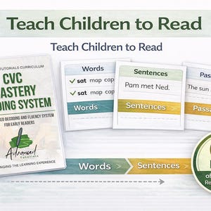 May include: A learning resource titled "Teach Children to Read" with a spiral-bound book and flashcards. The book is labeled "CVC Mastery Reading System" and the flashcards display words, sentences, and passages. A green circle indicates 61 pages of reading practice.