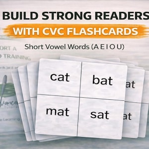 May include: Educational flashcards for early readers. The cards display CVC words like "cat," "bat," "mat," and "sat." The image includes the text "BUILD STRONG READERS WITH CVC FLASHCARDS" and "Short Vowel Words (AEIOU)."