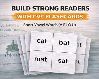 CVC-flashcards | Korte klinkerwoorden (A E I O U) | Decodeerbare klankkaarten | Leesoefeningen kleuterschool en 1e graad