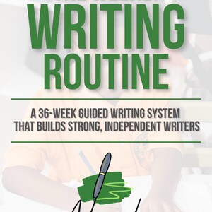 Può includere: Grafica promozionale per "The Weekly Writing Routine" con testo verde su sfondo bianco. Il testo include "Advanced Tutorials Curriculum" e "A 36-Week Guided Writing System". Sono presenti anche un'illustrazione di penna e il logo "Advanced Tutorials".