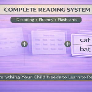 May include: Educational image with the text "COMPLETE READING SYSTEM". It includes flashcards with the words "cat" and "bat", plus other learning materials. The image is designed to teach children how to read.
