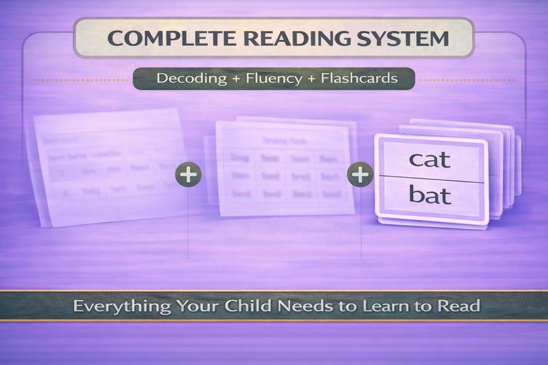 Może przedstawiać: Obraz edukacyjny z tekstem "COMPLETE READING SYSTEM". Zawiera fiszki ze słowami "cat" i "bat" oraz inne materiały edukacyjne. Obraz ma na celu nauczenie dzieci czytania.