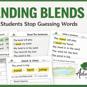 Op de afbeelding: Educatief materiaal voor het leren van eindklanken. De afbeelding toont werkbladen met zinnen en woord oefeningen. De tekst bevat "ENDING BLENDS" en "Students Stop Guessing Words". Gele potloden en een pen zijn ook zichtbaar.