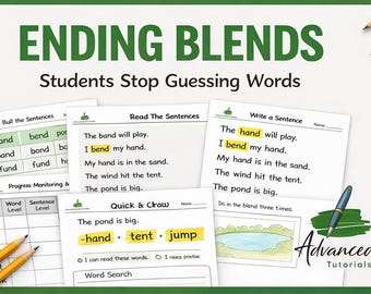 Werkbladen voor het beëindigen van blends | Phonics Fluency & Decoding System | Leesinterventie | Kleuterschool: alfabetiseringsactiviteiten 1e graad